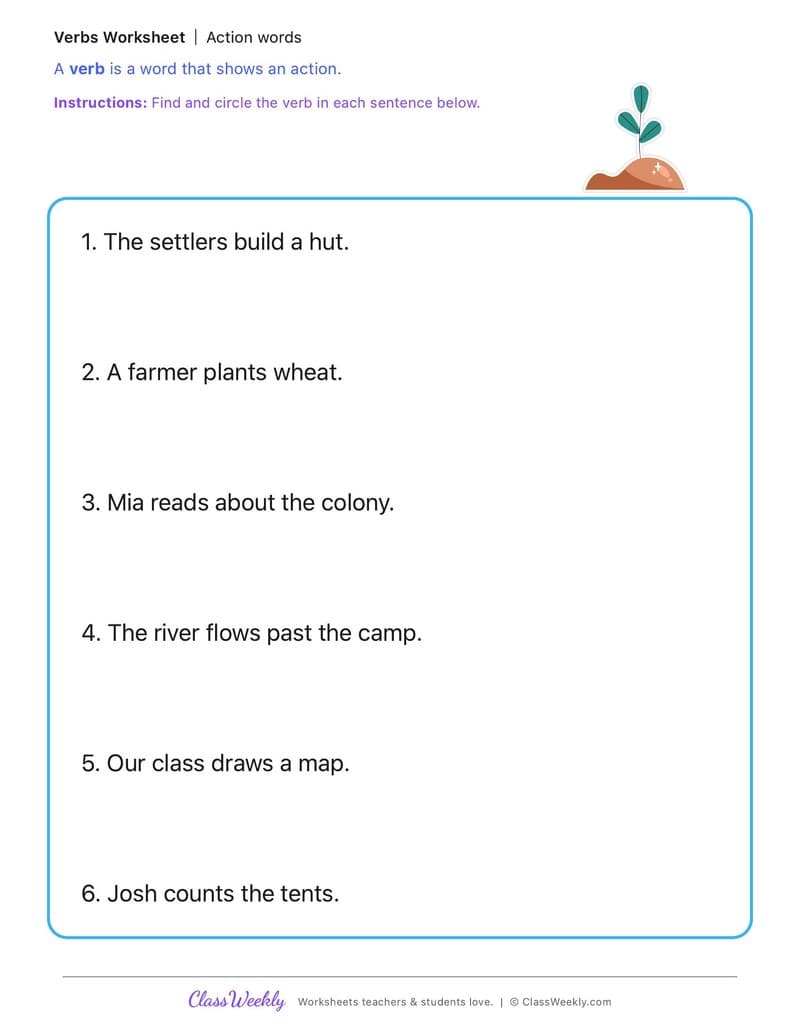 Action words - The First British Colony in Australia - 1st Grade worksheet preview