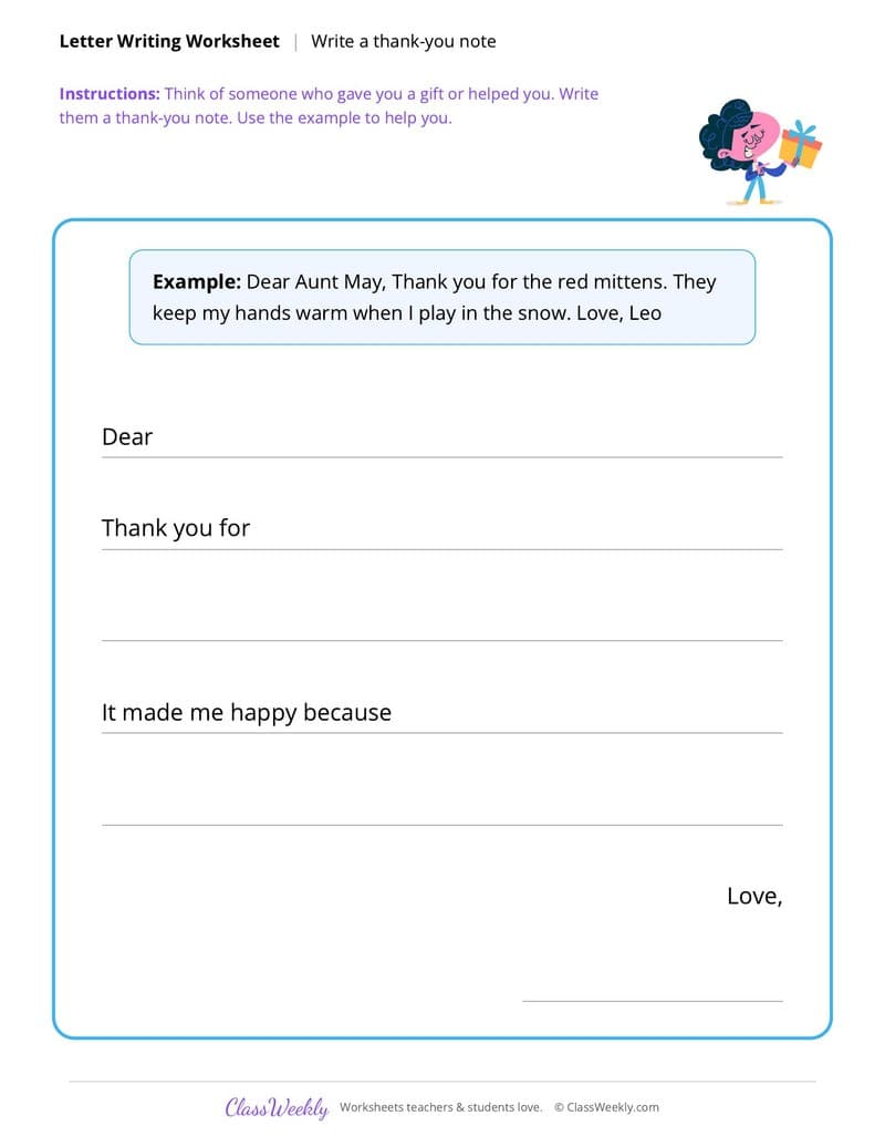 Christmas Thank-You Note Writing - 1st Grade worksheet preview