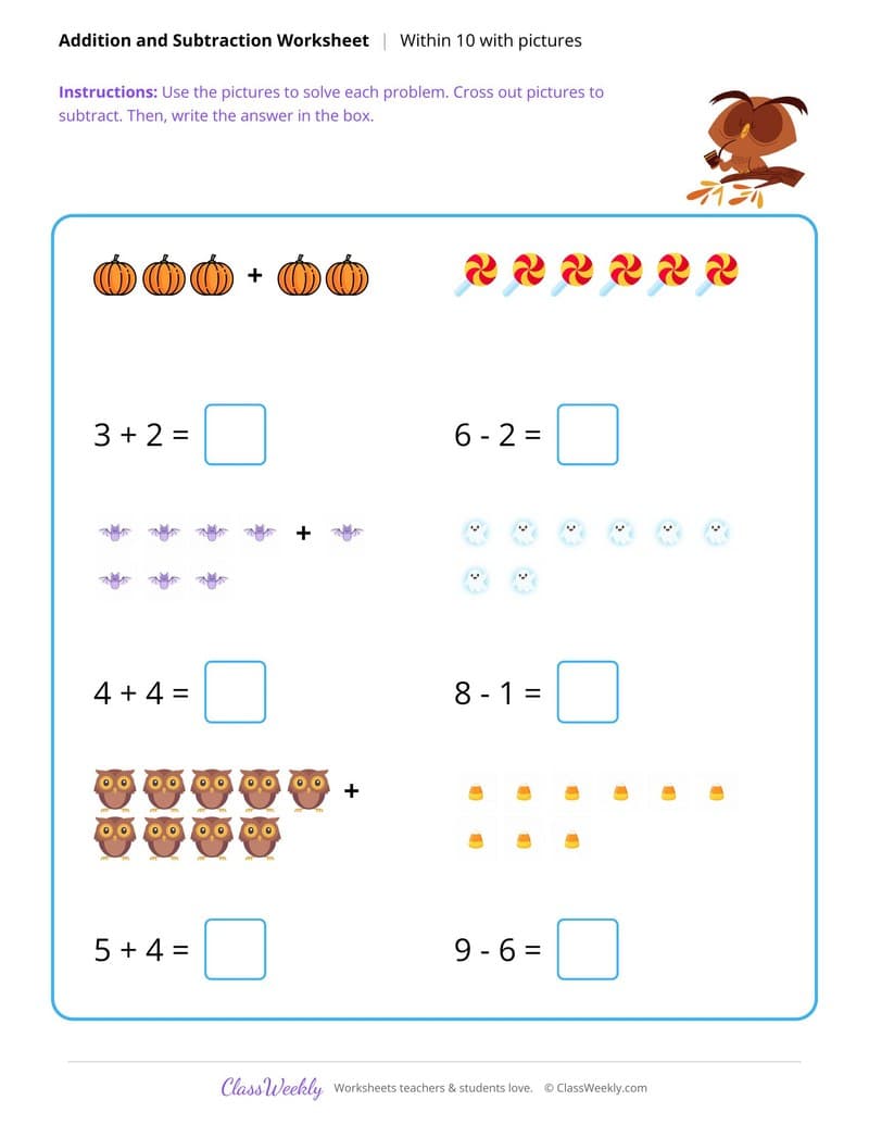 Add and Subtract Within 10 - Halloween - 1st Grade worksheet preview