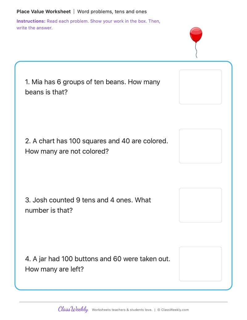 Word problems, tens and ones - 100th Day of School - 1st Grade worksheet preview