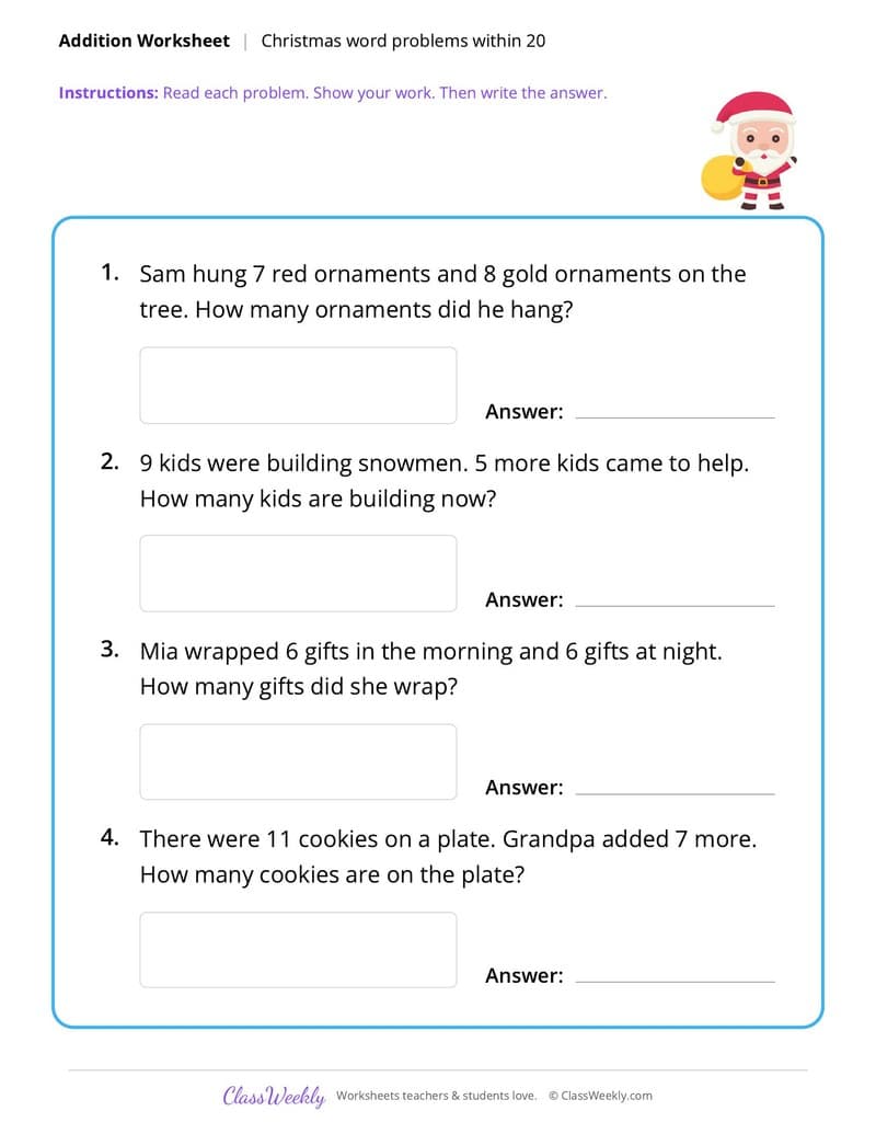 Christmas Addition Word Problems - 1st Grade worksheet preview