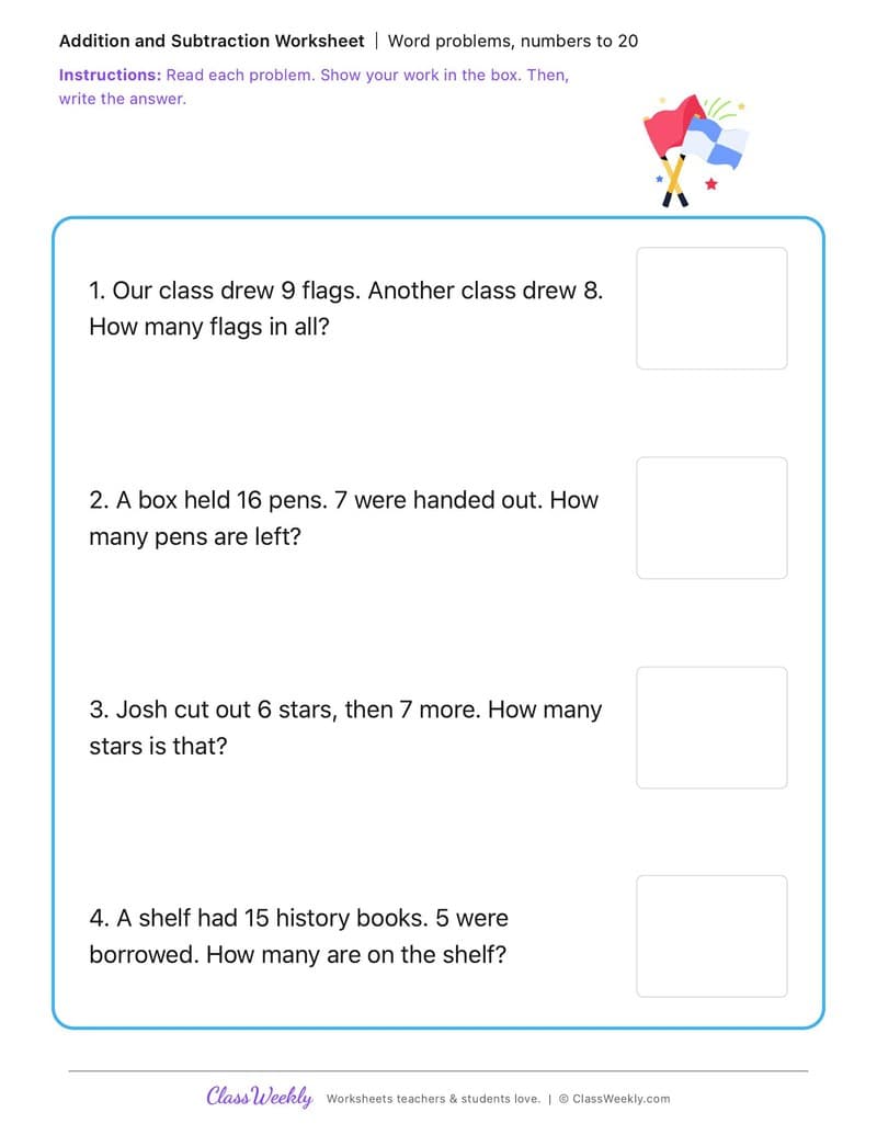 Word problems, numbers to 20 - Anson Jones - 1st Grade worksheet preview