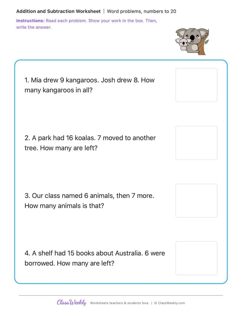 Word problems, numbers to 20 - Australia Day / ANZAC Day / Sorry Day - 1st Grade worksheet preview
