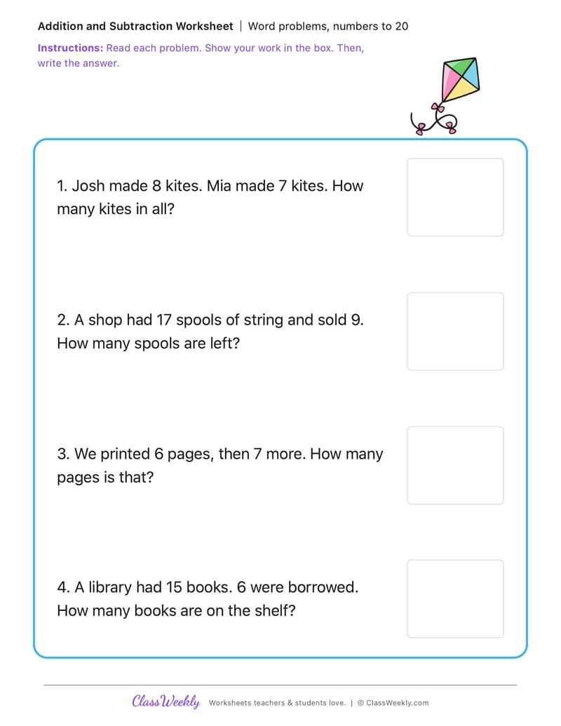 Word problems, numbers to 20 - Benjamin Franklin - 1st Grade worksheet preview