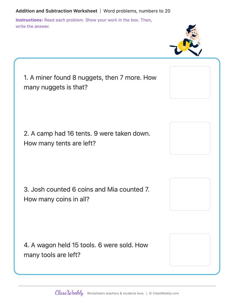 Word problems, numbers to 20 - California Gold Rush - 1st Grade worksheet preview