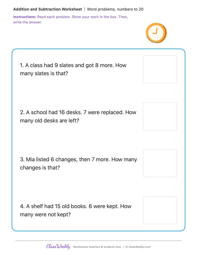 Word problems, numbers to 20 - Change and Continuity - 1st Grade worksheet preview