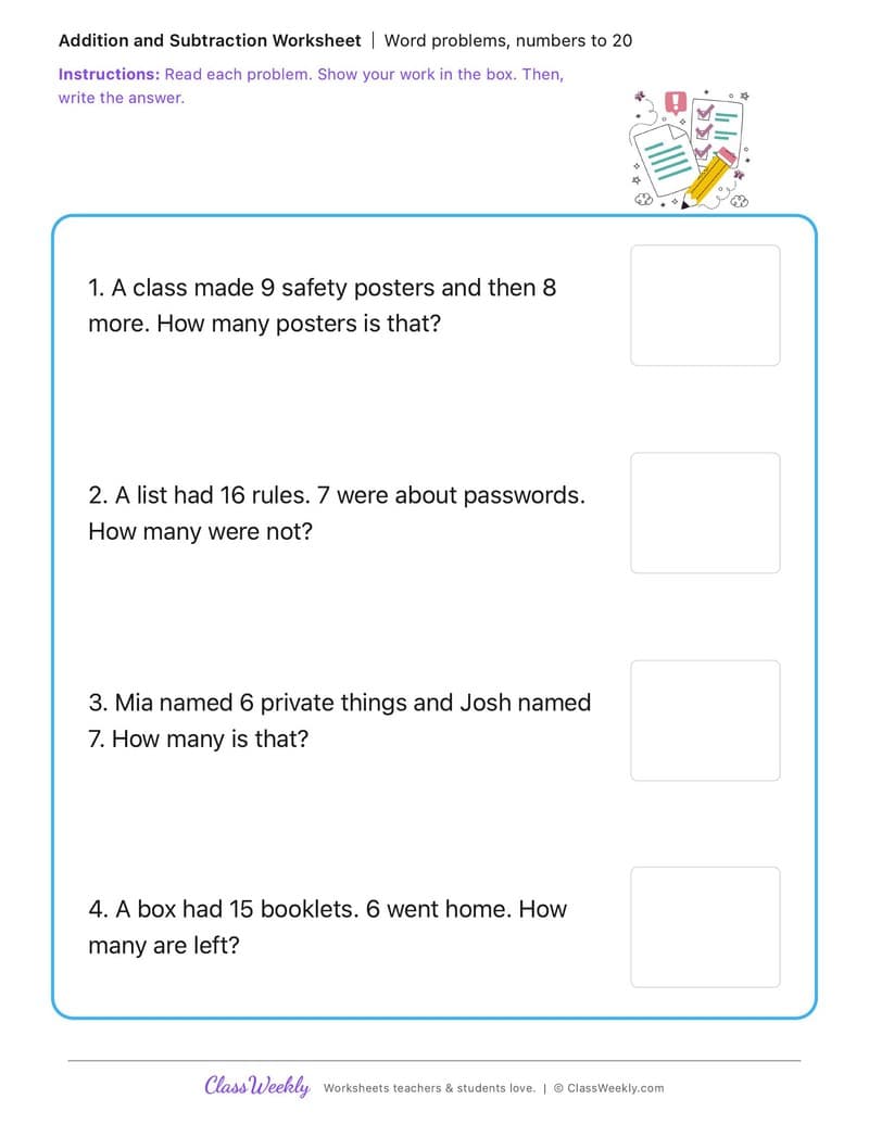 Word problems, numbers to 20 - Data Privacy Day - 1st Grade worksheet preview