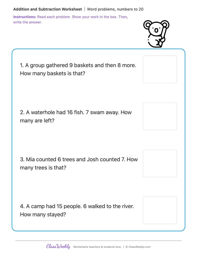 Word problems, numbers to 20 - Effects of First Fleet Contact on First Nations Australians - 1st Grade worksheet preview