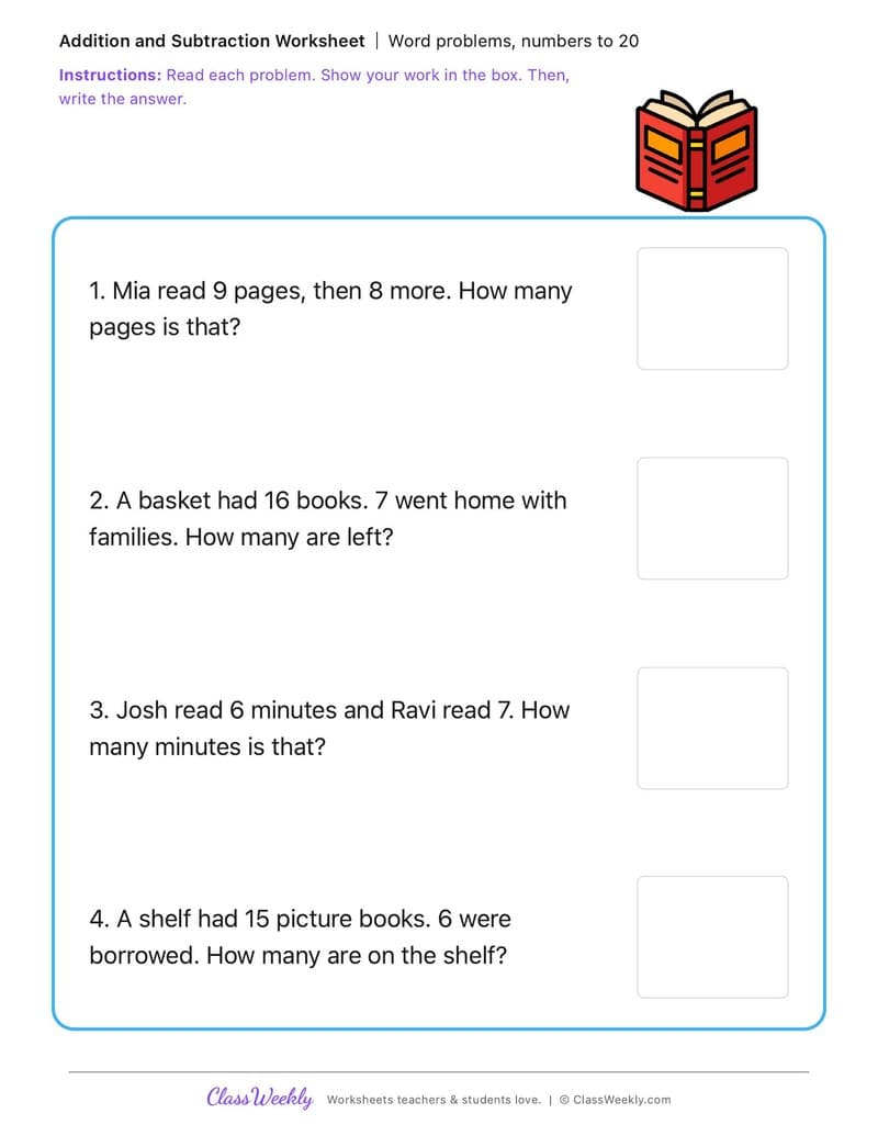 Word problems, numbers to 20 - Family Literacy Day - 1st Grade worksheet preview