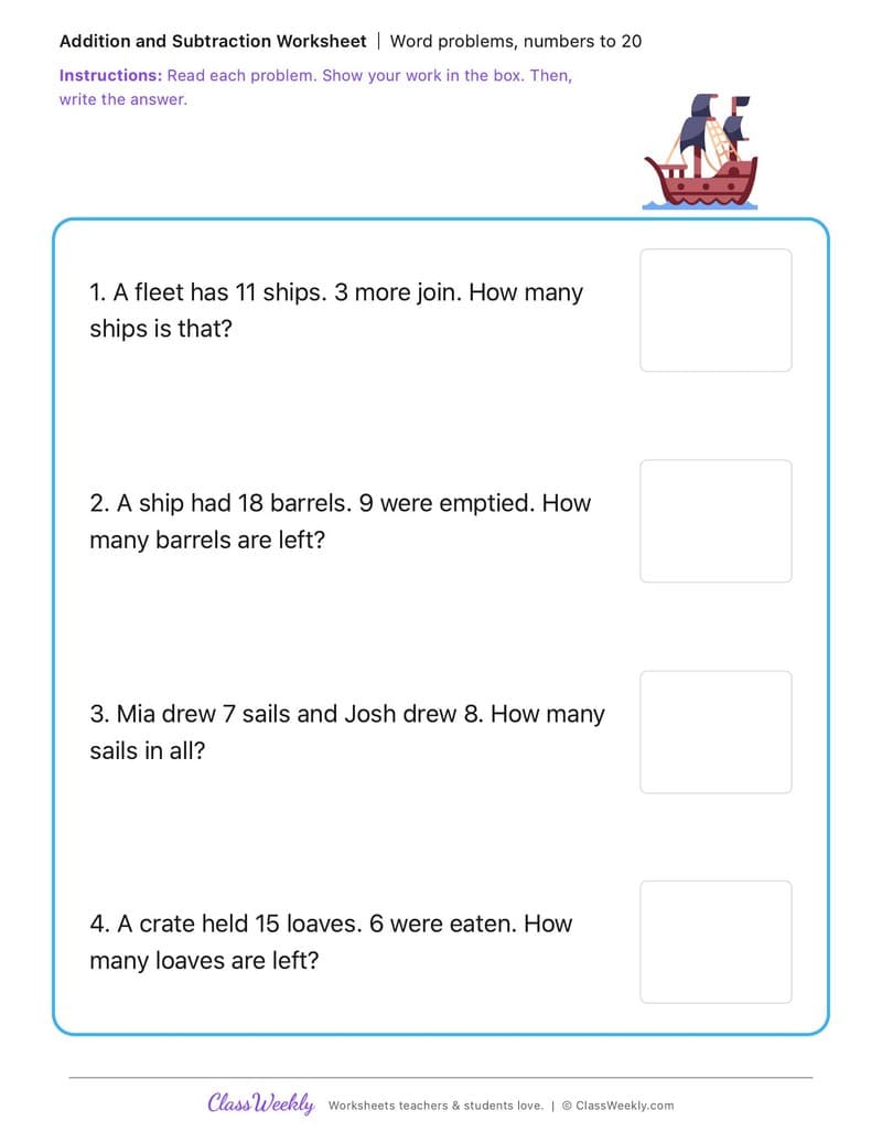 Word problems, numbers to 20 - First Fleet - 1st Grade worksheet preview