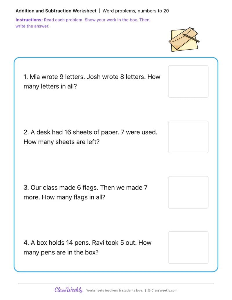 Word problems, numbers to 20 - George Childress - 1st Grade worksheet preview