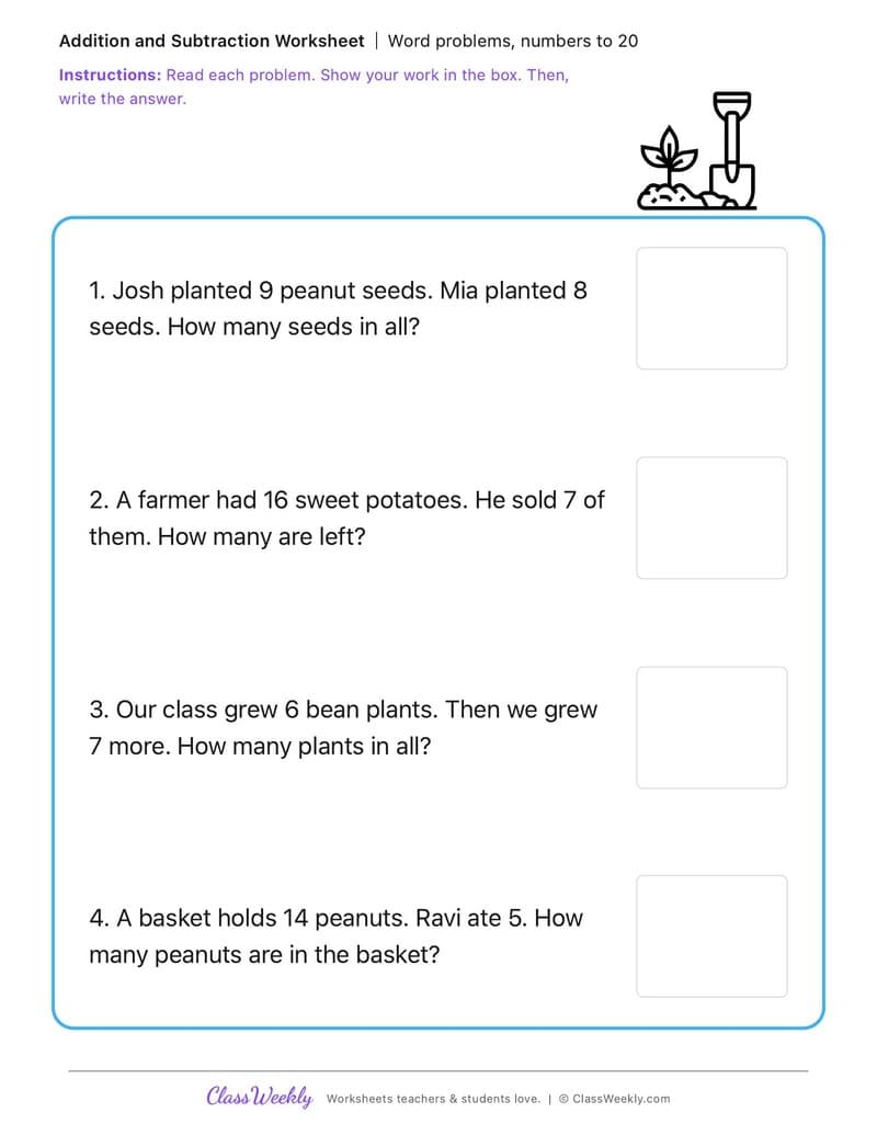 Word problems, numbers to 20 - George Washington Carver - 1st Grade worksheet preview