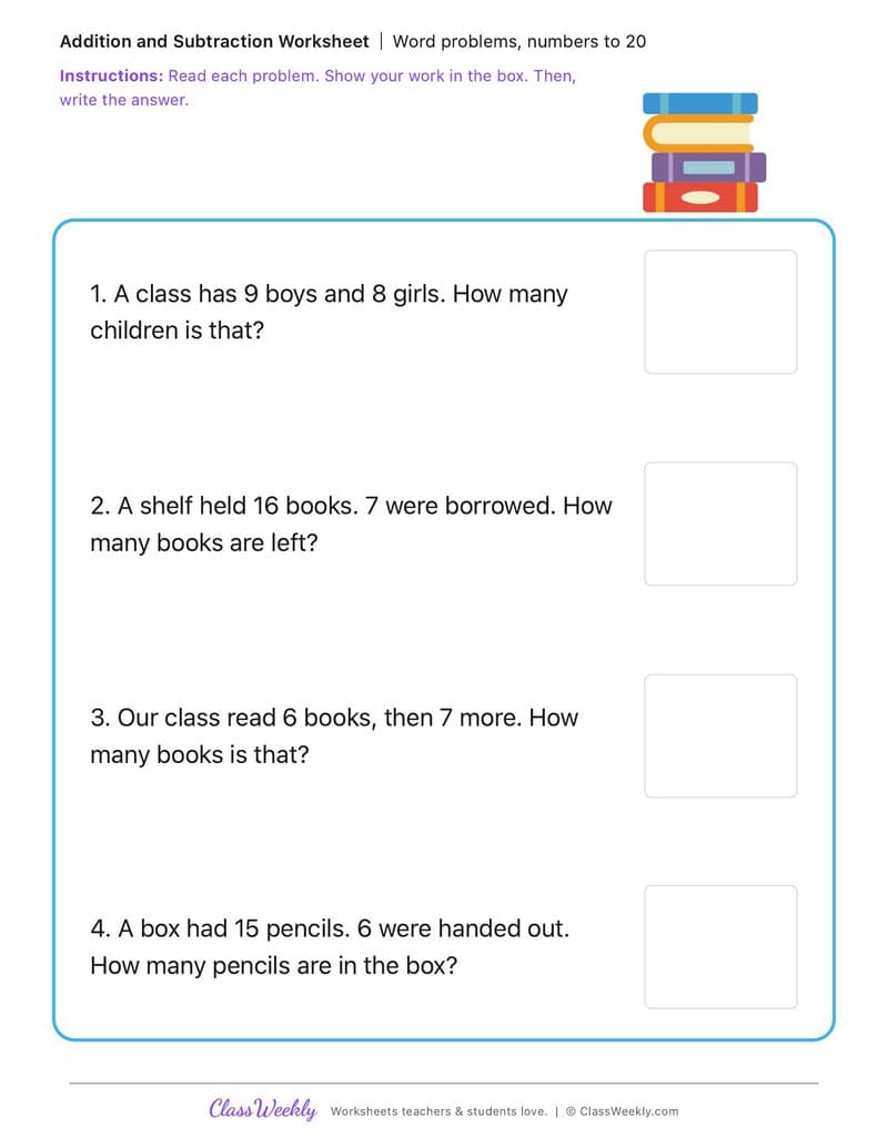 Word problems, numbers to 20 - International Day of Education - 1st Grade worksheet preview
