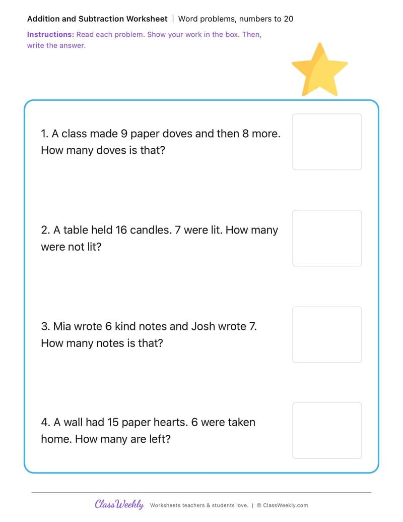 Word problems, numbers to 20 - International Holocaust Remembrance Day - 1st Grade worksheet preview