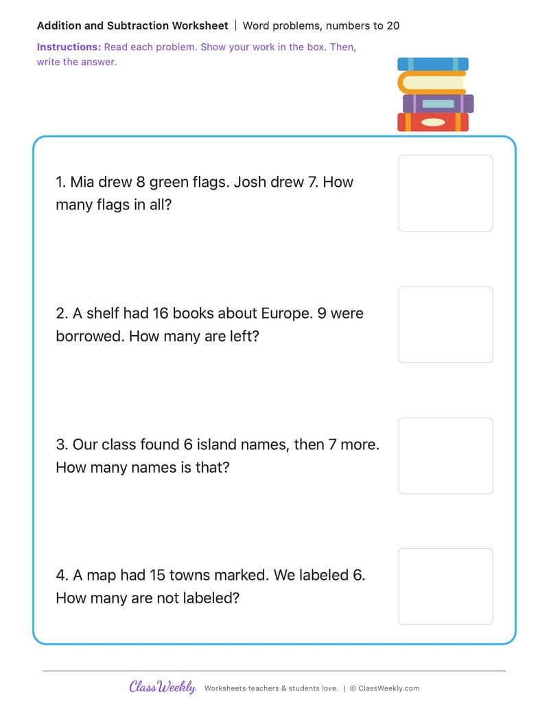 Word problems, numbers to 20 - Irish Revolution and War of Independence - 1st Grade worksheet preview