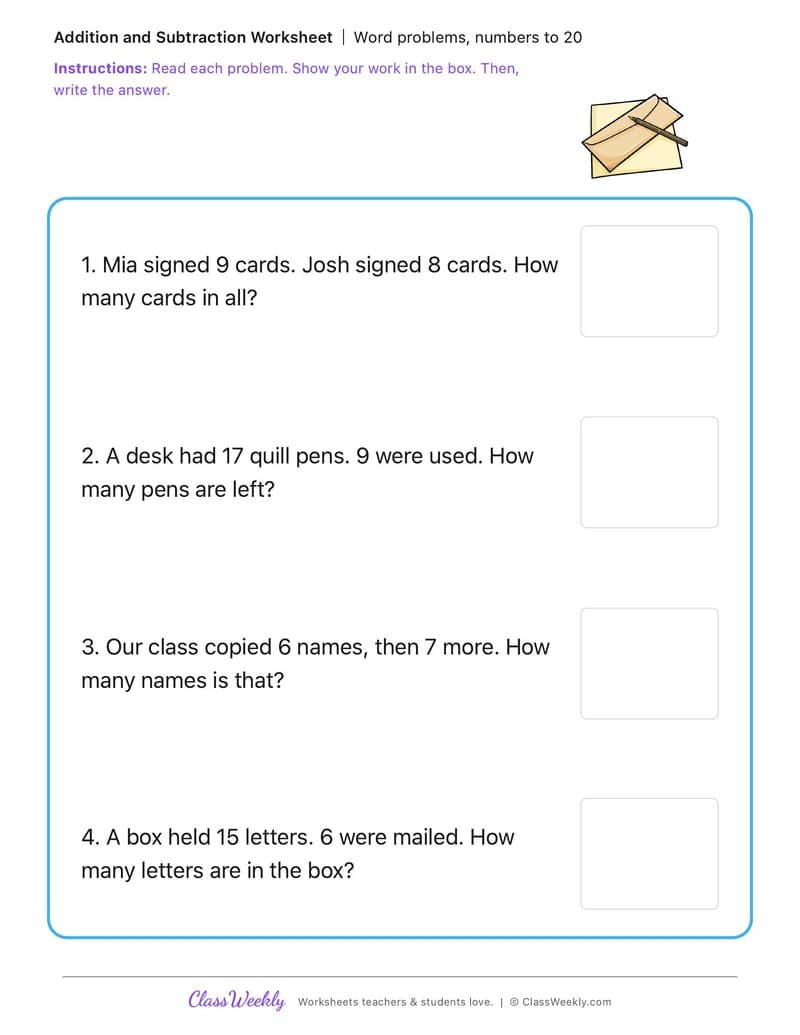 Word problems, numbers to 20 - John Hancock - 1st Grade worksheet preview