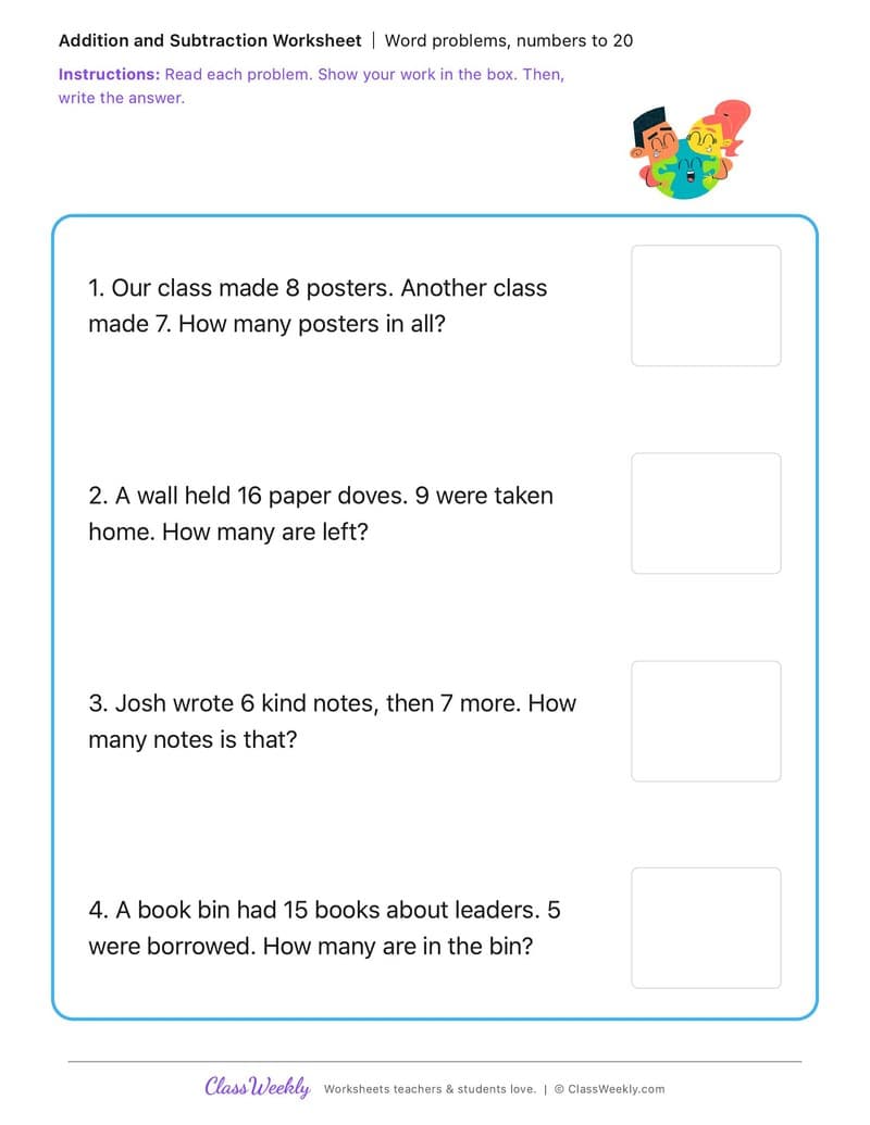 Word problems, numbers to 20 - MLK Day / Black History Month - 1st Grade worksheet preview