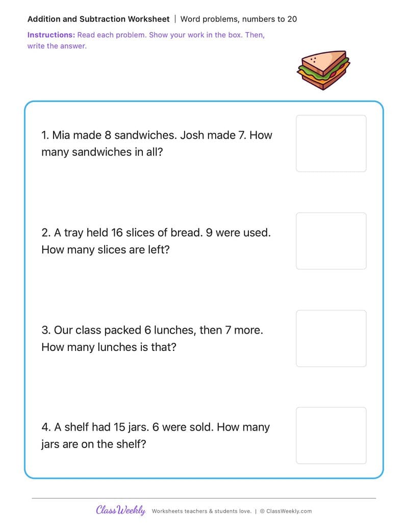 Word problems, numbers to 20 - National Peanut Butter Day - 1st Grade worksheet preview