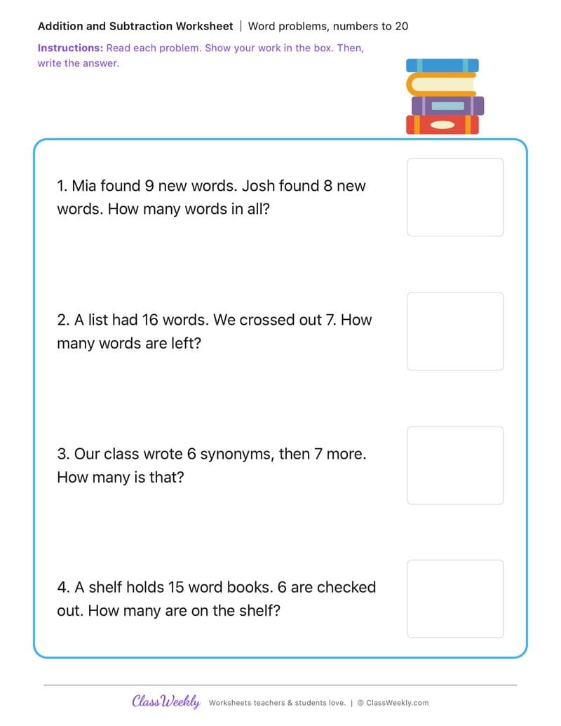 Word problems, numbers to 20 - National Thesaurus Day - 1st Grade worksheet preview