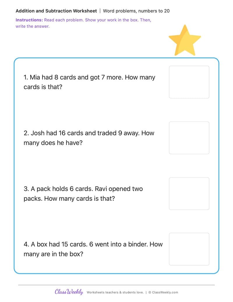 Word problems, numbers to 20 - National Trading Card Day - 1st Grade worksheet preview