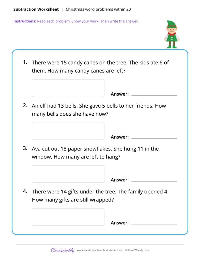 Christmas Subtraction Word Problems - 1st Grade worksheet preview