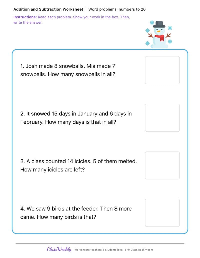 Word problems, numbers to 20 - Winter Science & Weather - 1st Grade worksheet preview