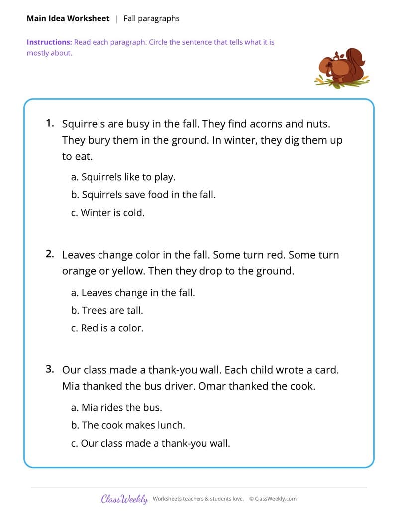 Thanksgiving Main Idea - 1st Grade worksheet preview