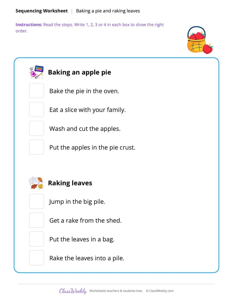 Thanksgiving Sequencing: Baking a Pie - 1st Grade worksheet preview