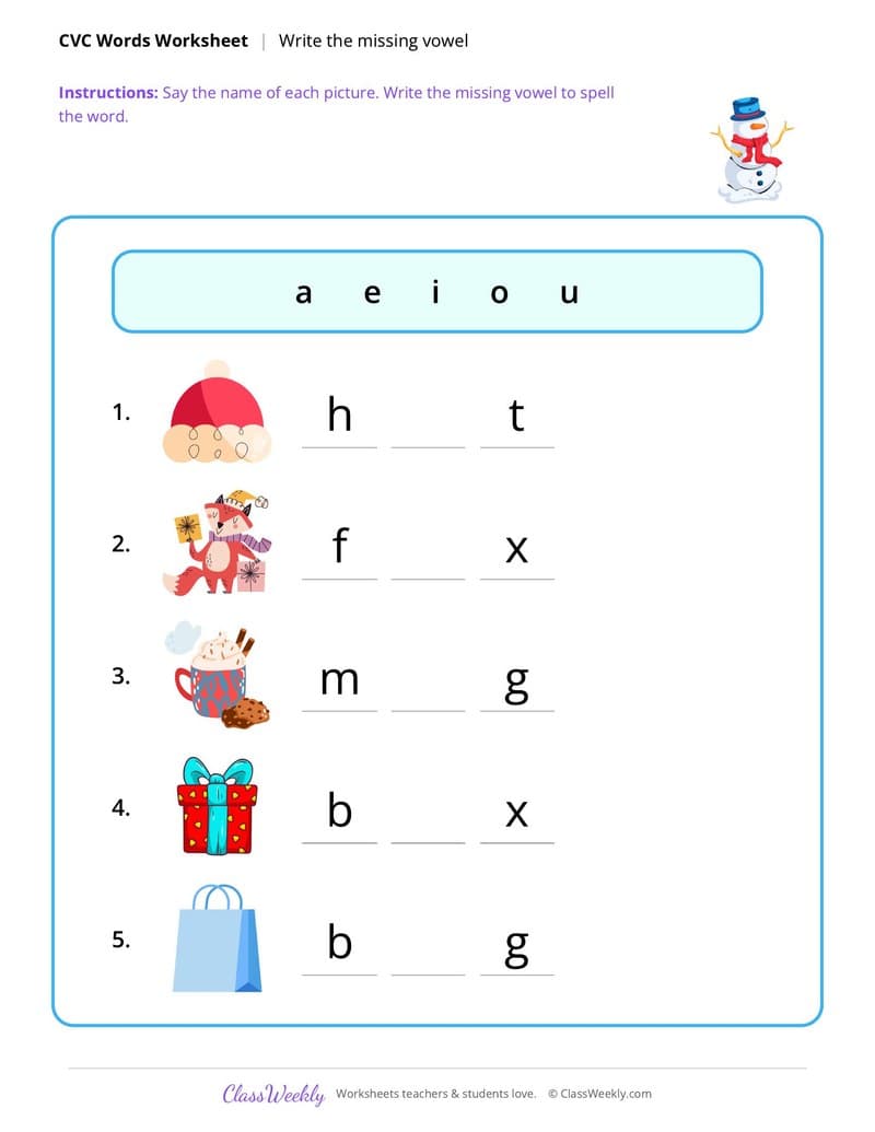 Christmas CVC Words: Missing Vowel - 1st Grade worksheet preview