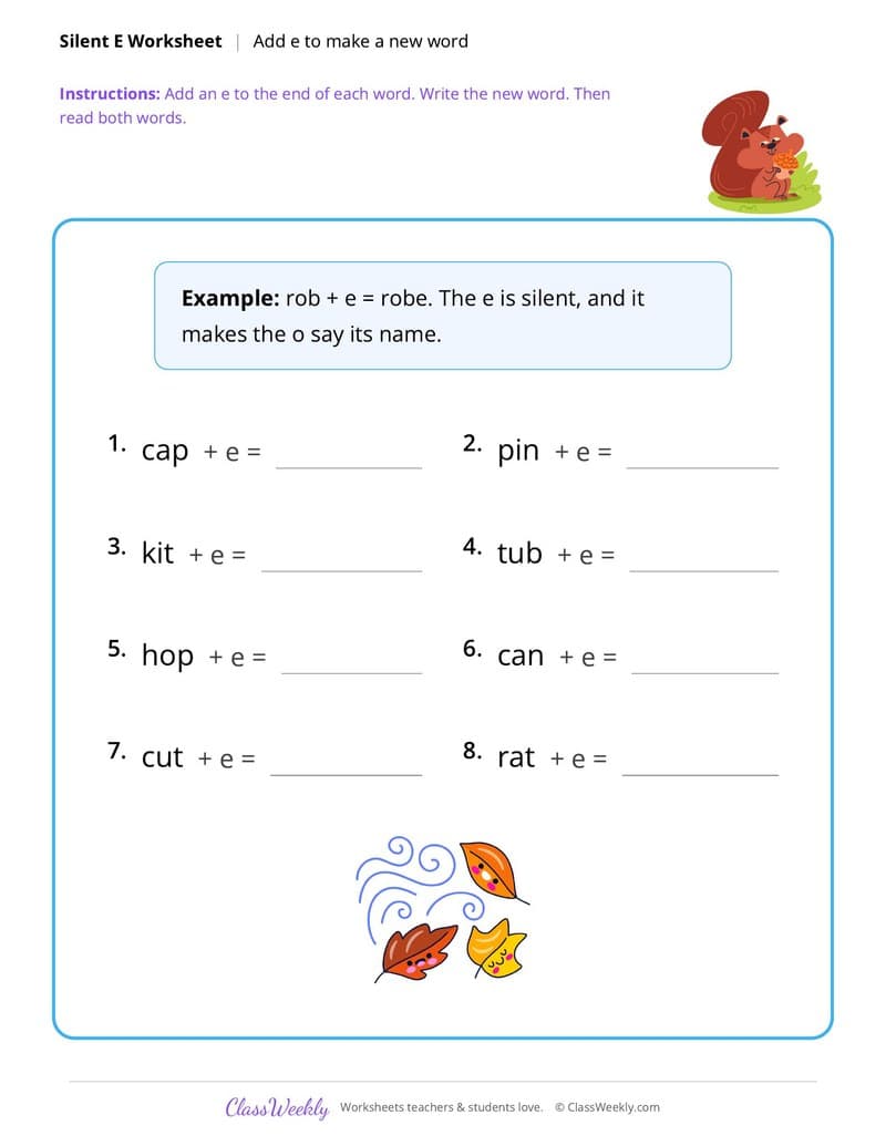 Thanksgiving Silent E Words - 1st Grade worksheet preview