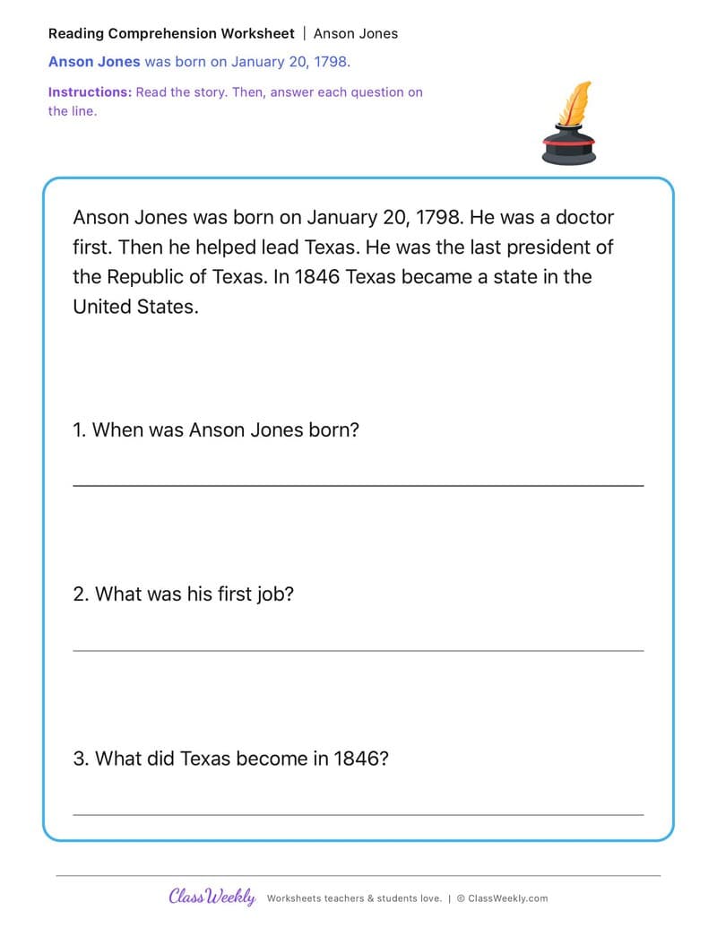 Anson Jones - 1st Grade worksheet preview