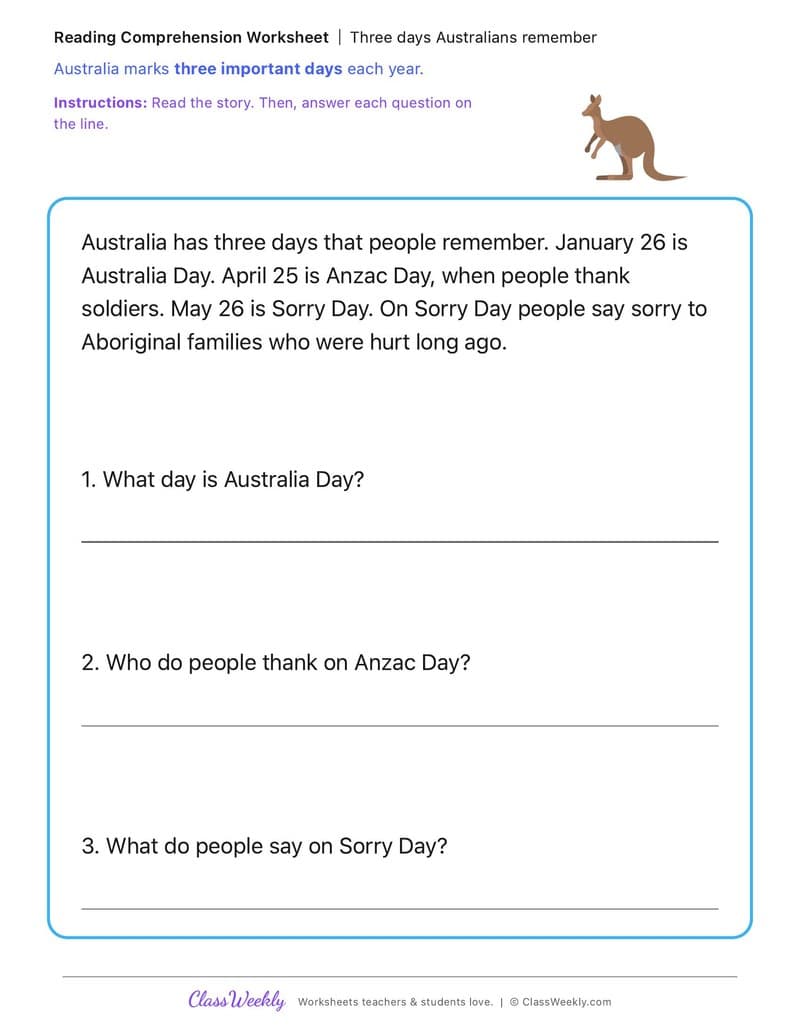 Three days Australians remember - Australia Day / ANZAC Day / Sorry Day - 1st Grade worksheet preview