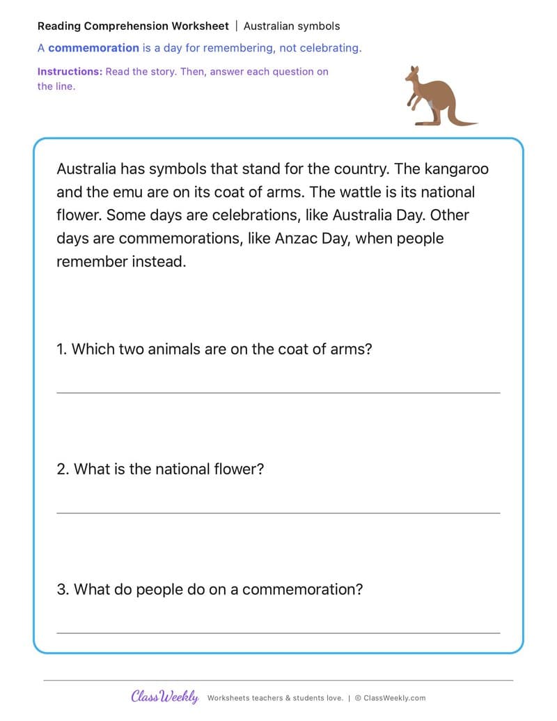 Australian symbols - Australia's Identity, Celebrations and Commemorations - 1st Grade worksheet preview