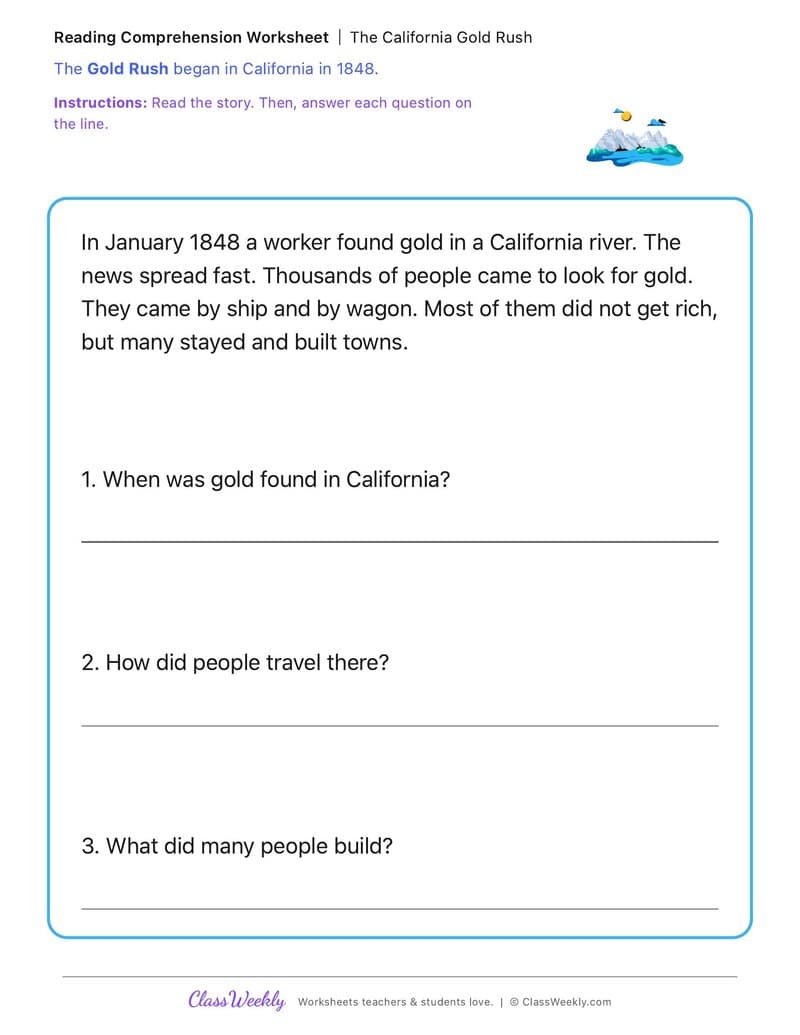 The California Gold Rush - 1st Grade worksheet preview