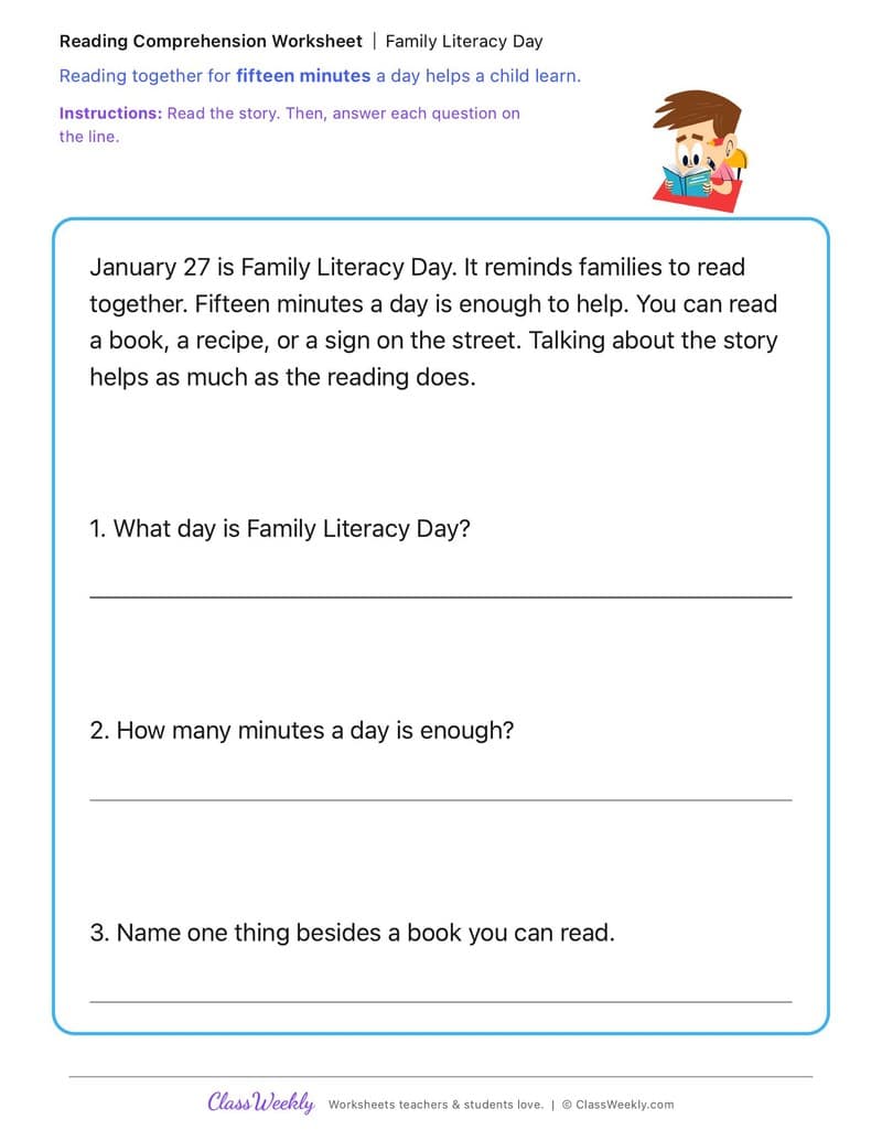 Family Literacy Day - 1st Grade worksheet preview