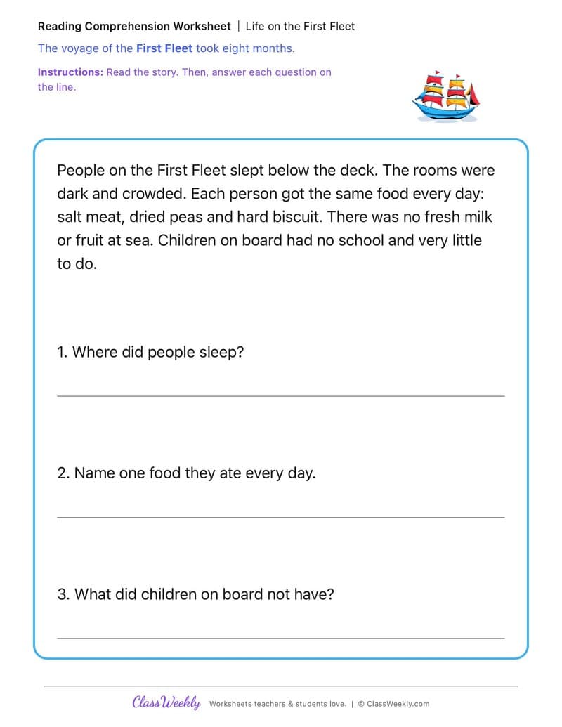 Life on the First Fleet - First Fleet Experiences - 1st Grade worksheet preview