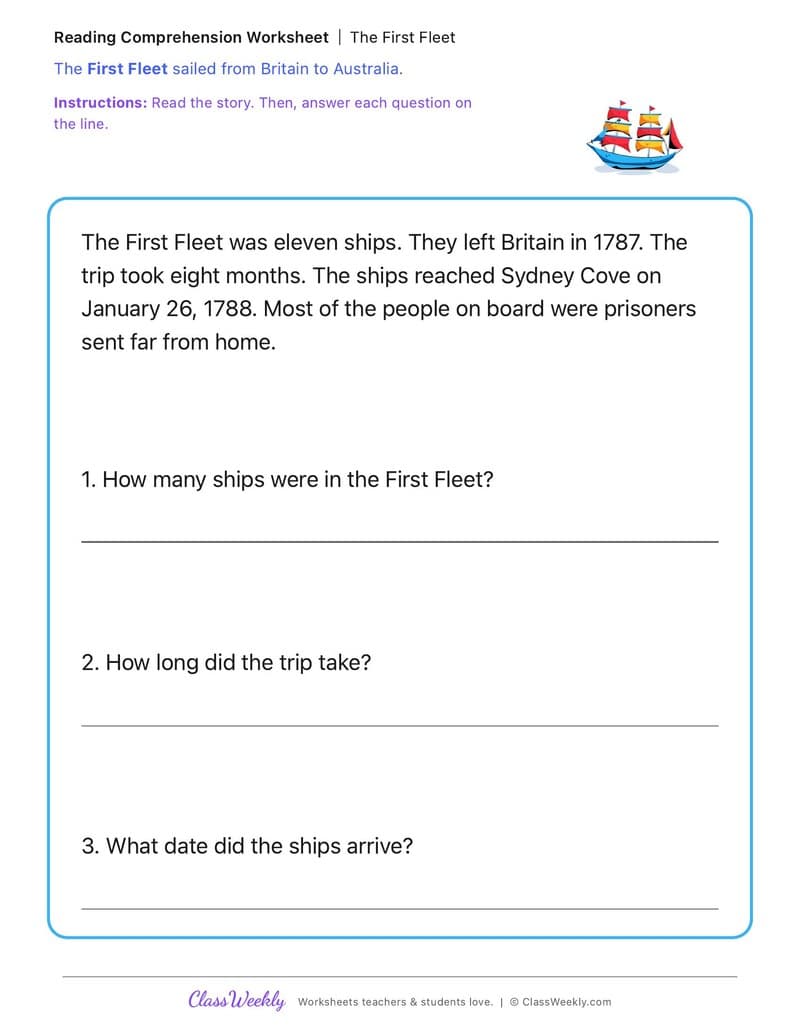 The First Fleet - 1st Grade worksheet preview