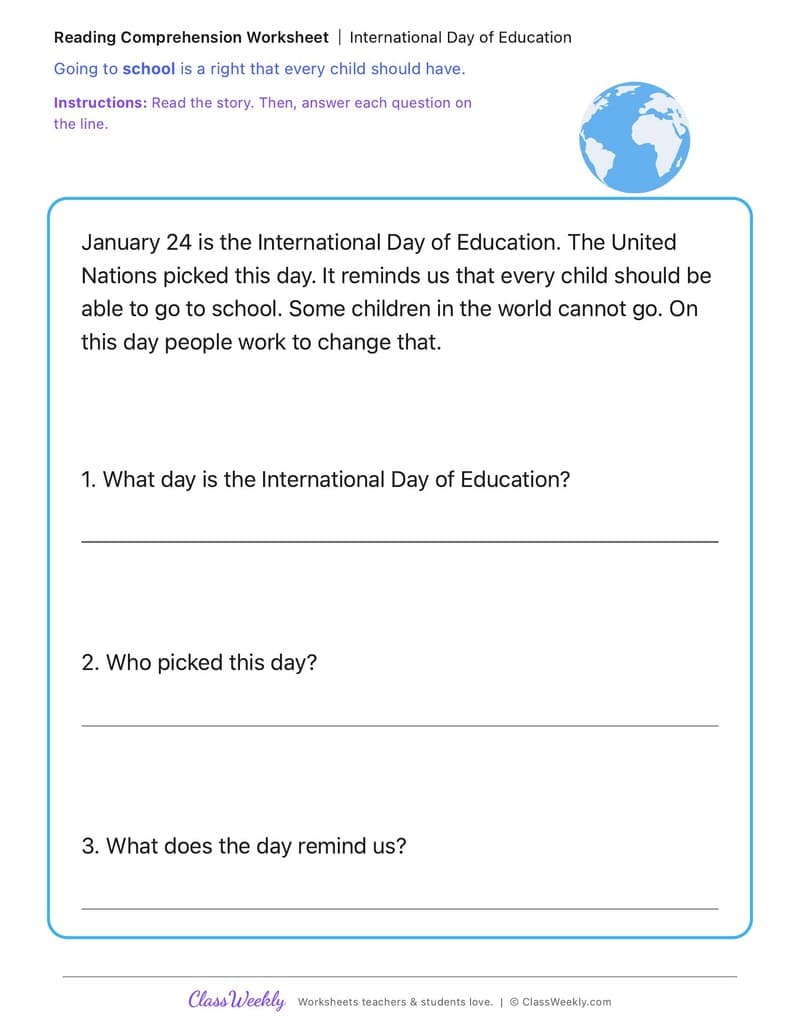 International Day of Education - 1st Grade worksheet preview