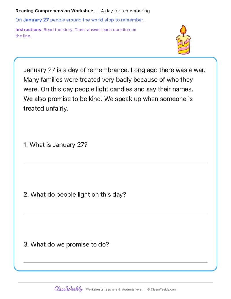A day for remembering - International Holocaust Remembrance Day - 1st Grade worksheet preview