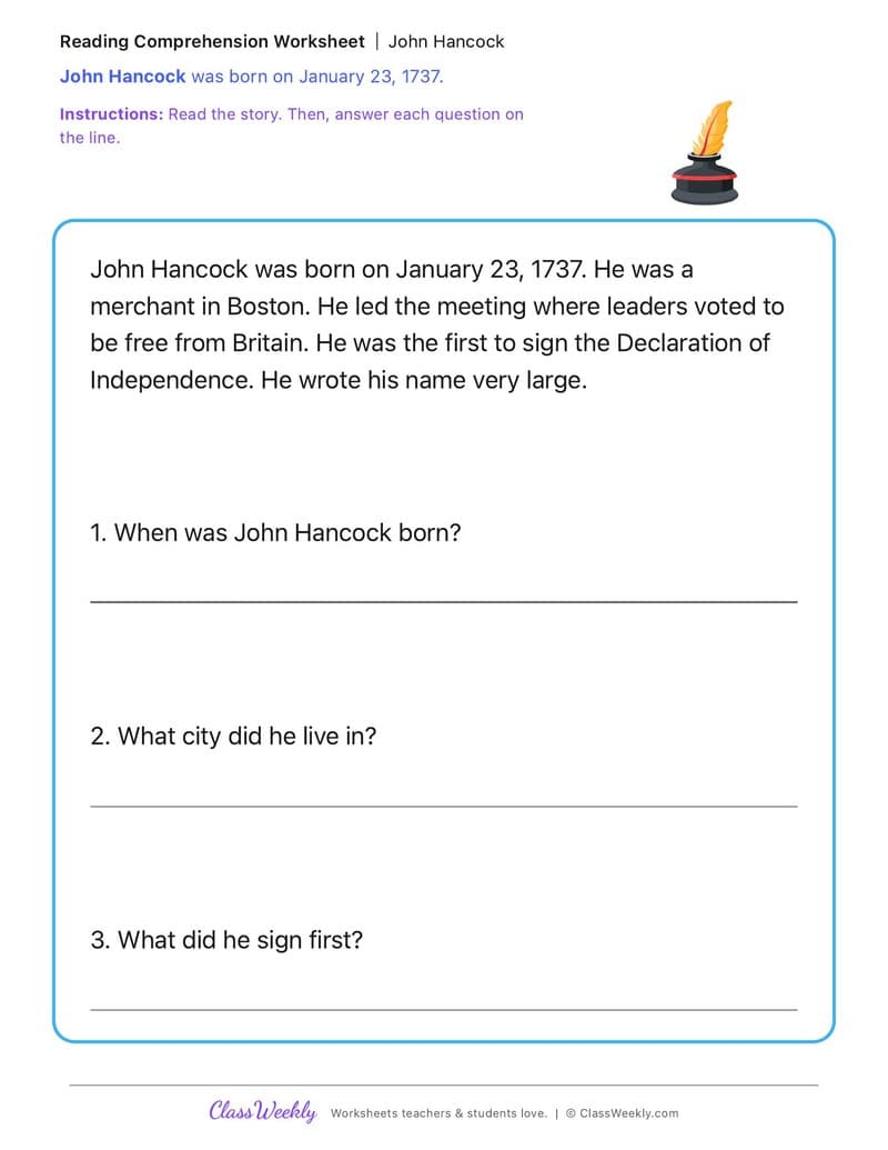 John Hancock - 1st Grade worksheet preview