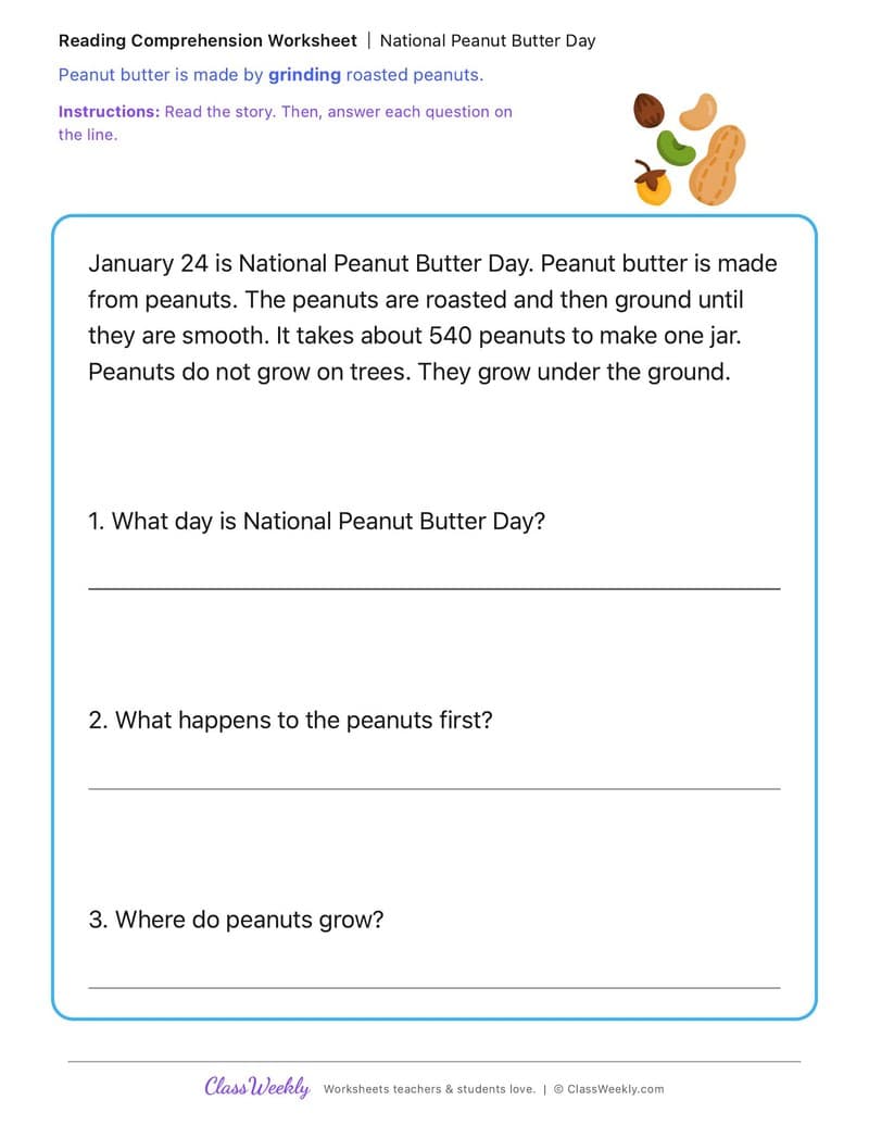 National Peanut Butter Day - 1st Grade worksheet preview