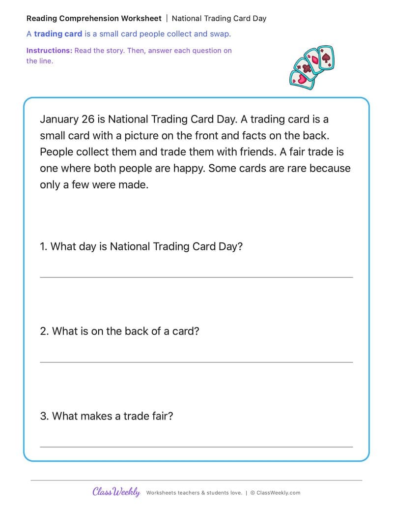 National Trading Card Day - 1st Grade worksheet preview