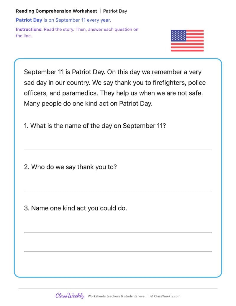 Patriot Day - Reading Comprehension - 1st Grade worksheet preview