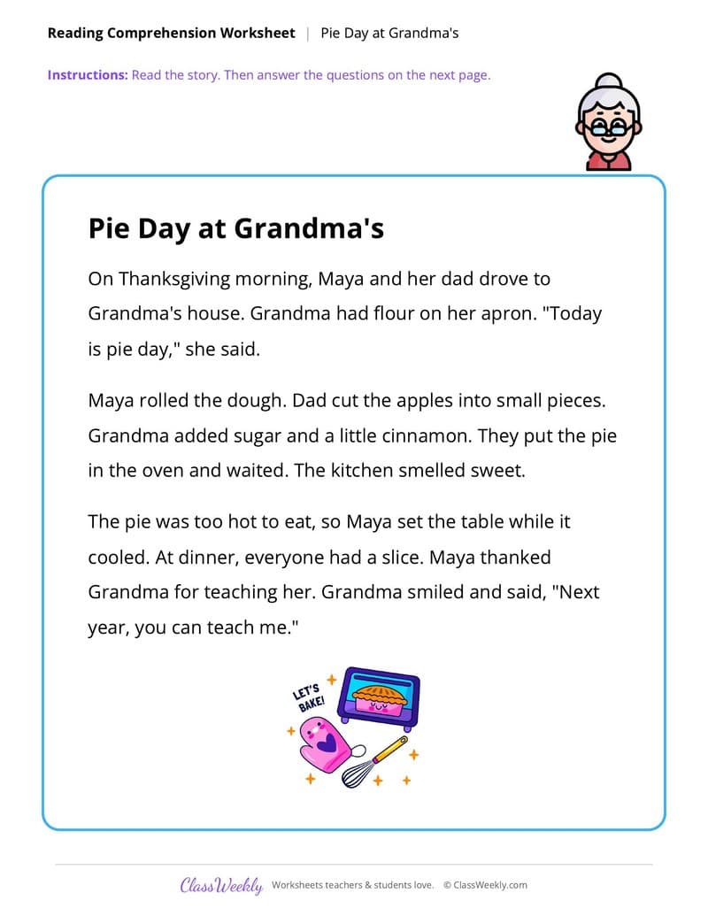Thanksgiving Reading Comprehension: Pie Day at Grandma's - 1st Grade worksheet preview