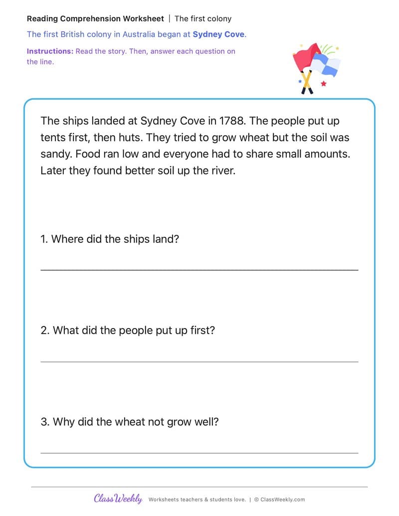 The first colony - The First British Colony in Australia - 1st Grade worksheet preview