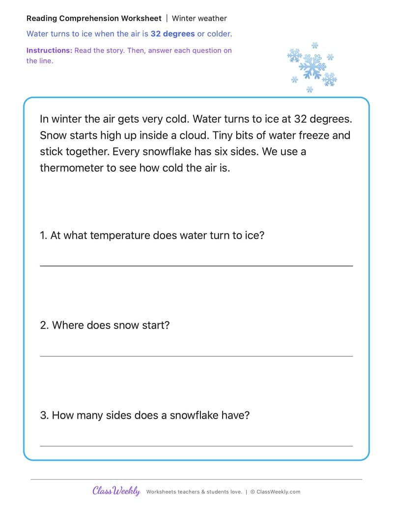 Winter weather - Winter Science & Weather - 1st Grade worksheet preview