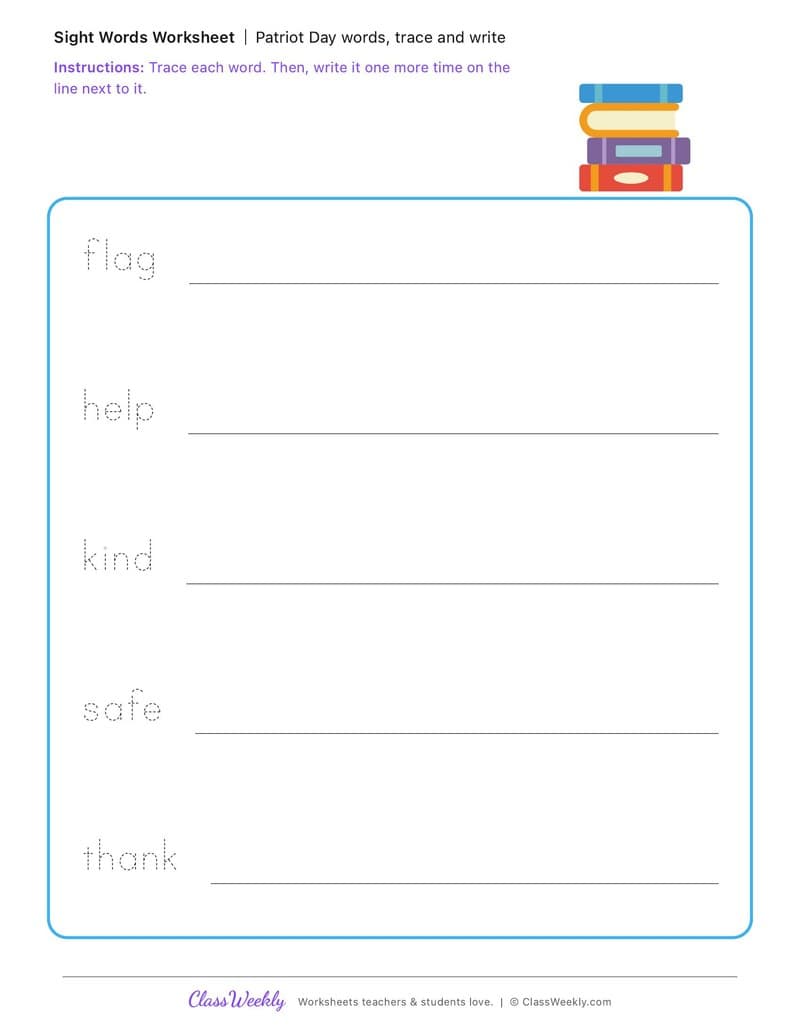 Patriot Day Words, Trace and Write - 1st Grade worksheet preview