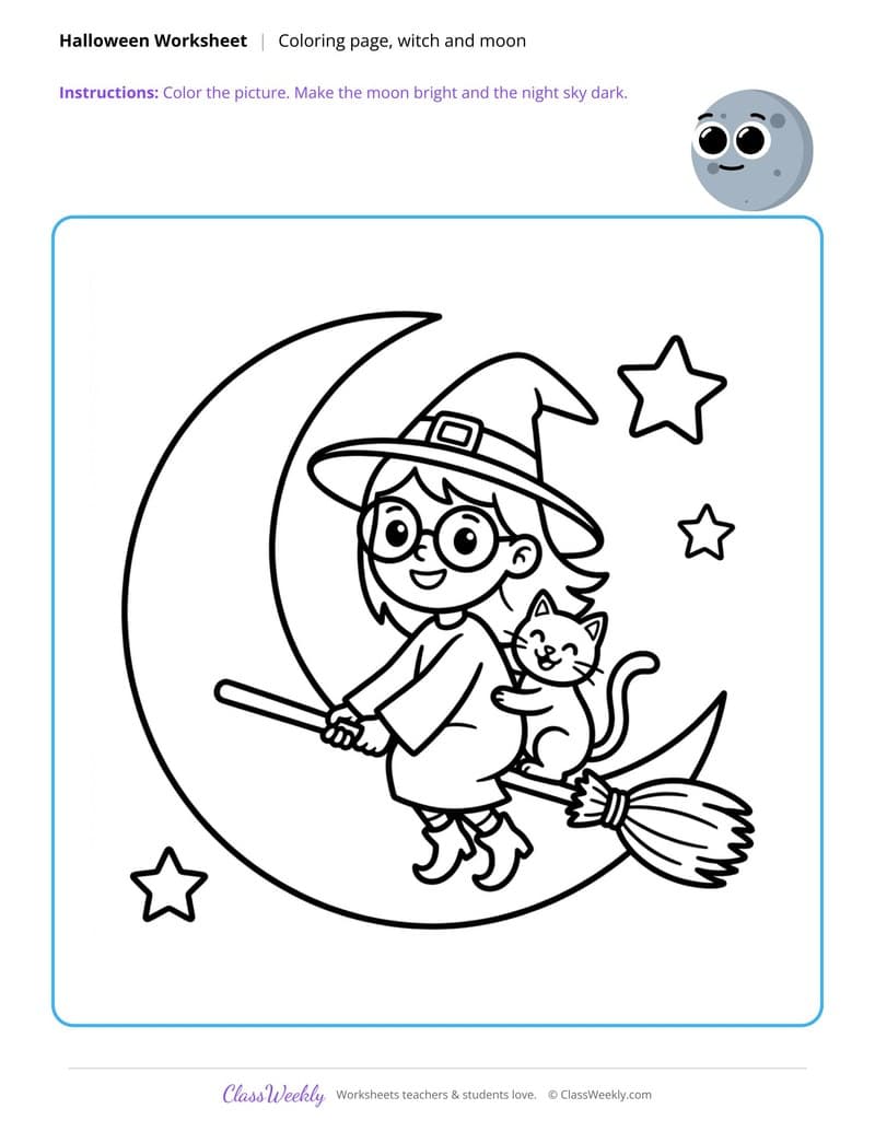 Witch and Moon Coloring Page - Halloween - 1st Grade worksheet preview