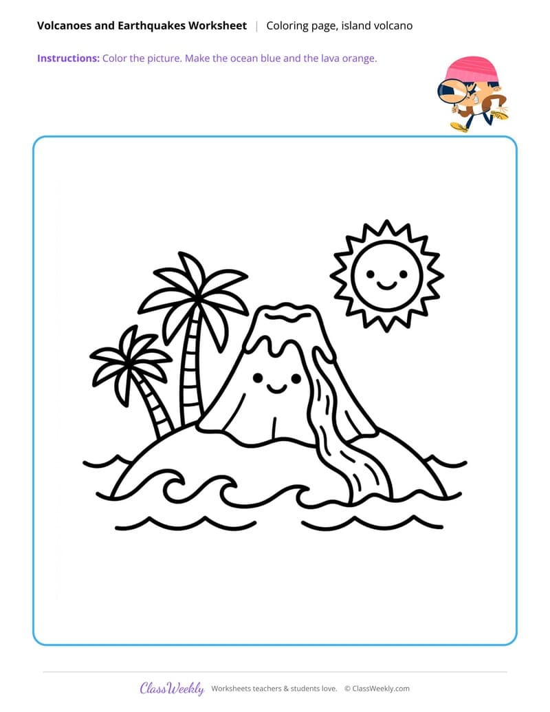 Island Volcano Coloring Page - Volcanoes & Earthquakes - 1st Grade Coloring Pages printable preview
