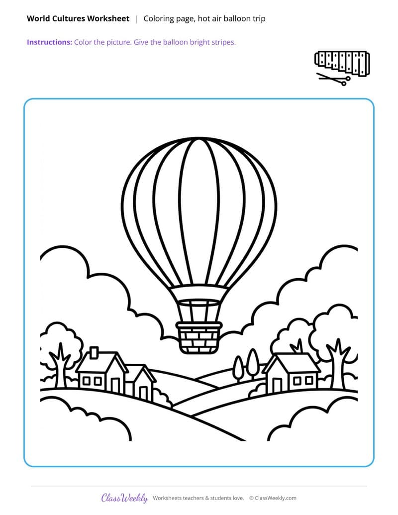 Hot Air Balloon Trip Coloring Page - Diversity & World Cultures - Kindergarten Coloring Pages worksheet preview